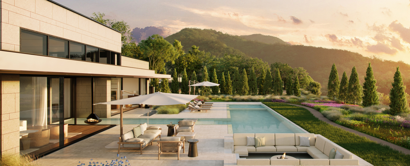 무와 제이드(MUWA JADE) THE HILLSIDE 단층 빌라, 산과 숲 풍경을 배경으로 프라이빗 수영장을 갖춘 세컨홈 고급 별장 전경
