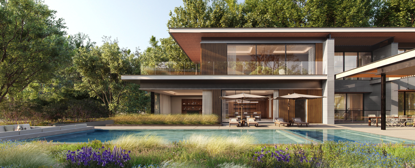 무와 제이드(MUWA JADE) THE COURTYARD 주택 외부 전경, 남향 수영장과 숲이 어우러진 고급 별장 스타일의 세컨드하우스