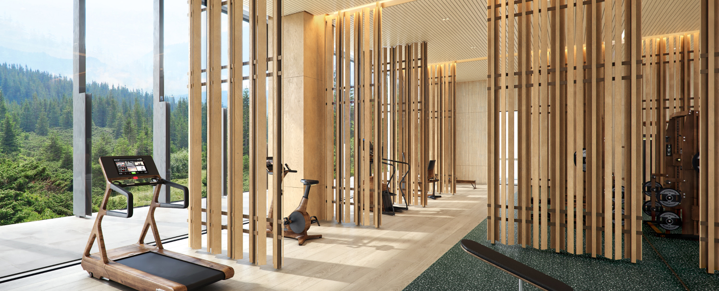 무와 제이드(MUWA JADE) Wellness Club 피트니스 존, 숲 전망을 바라보며 운동할 수 있는 세컨드하우스의 웰니스 시설