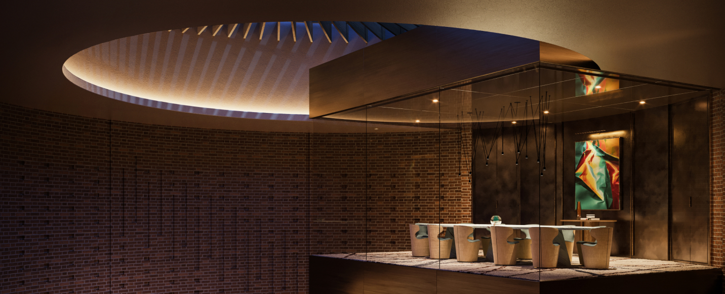 무와 제이드(MUWA JADE) Wine & Dine 라운지, 3층 높이의 돔 구조와 고벽돌 인테리어가 어우러진 와인 까브 컨셉의 공간