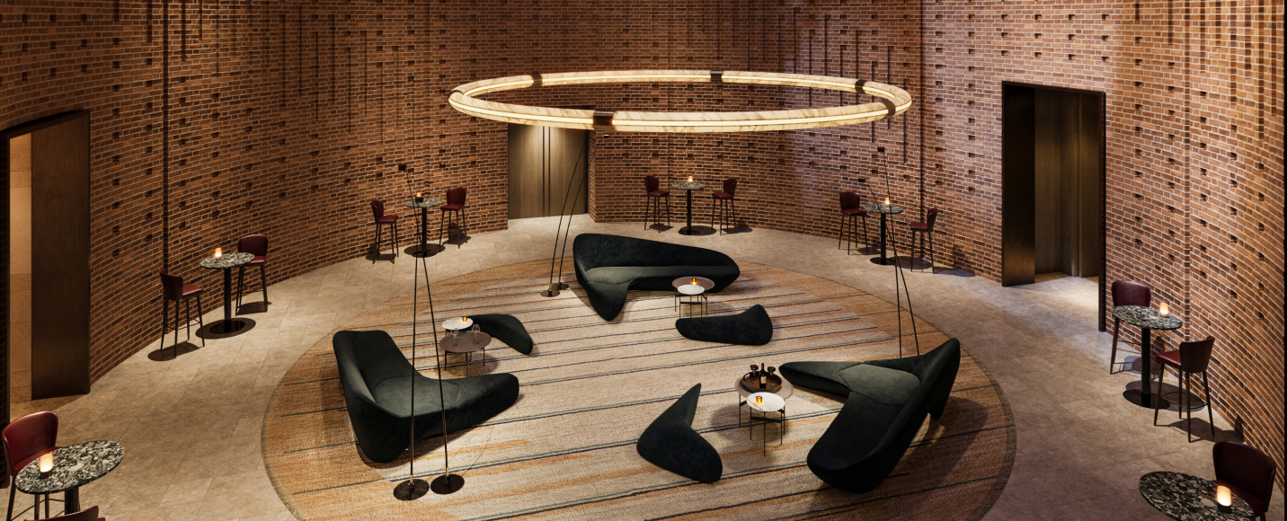 무와 제이드(MUWA JADE) Wine & Dine 공간 내 다이닝 라운지, 중앙에는 큰 소파와 테이블이 있고 벽을 따라 선 테이블과 의자가 배치