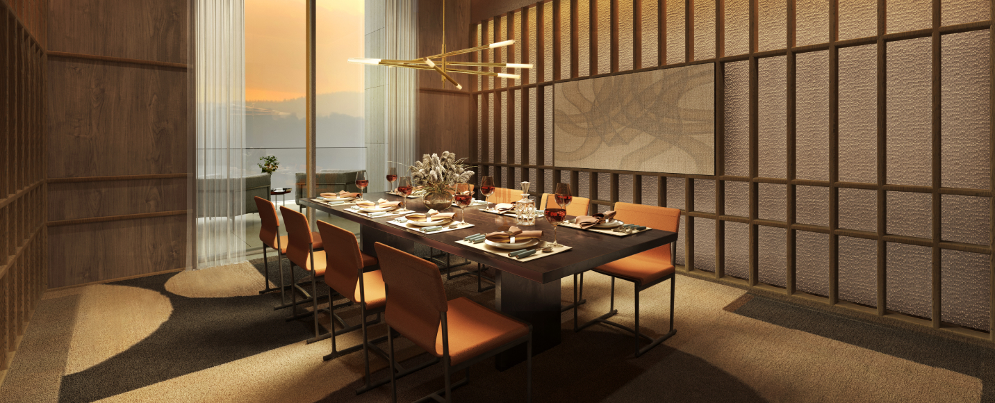 무와 제이드(MUWA JADE) Wine & Dine 프라이빗 다이닝룸, 석양이 보이는 창가에서 품격 있는 식사를 즐길 수 있는 공간