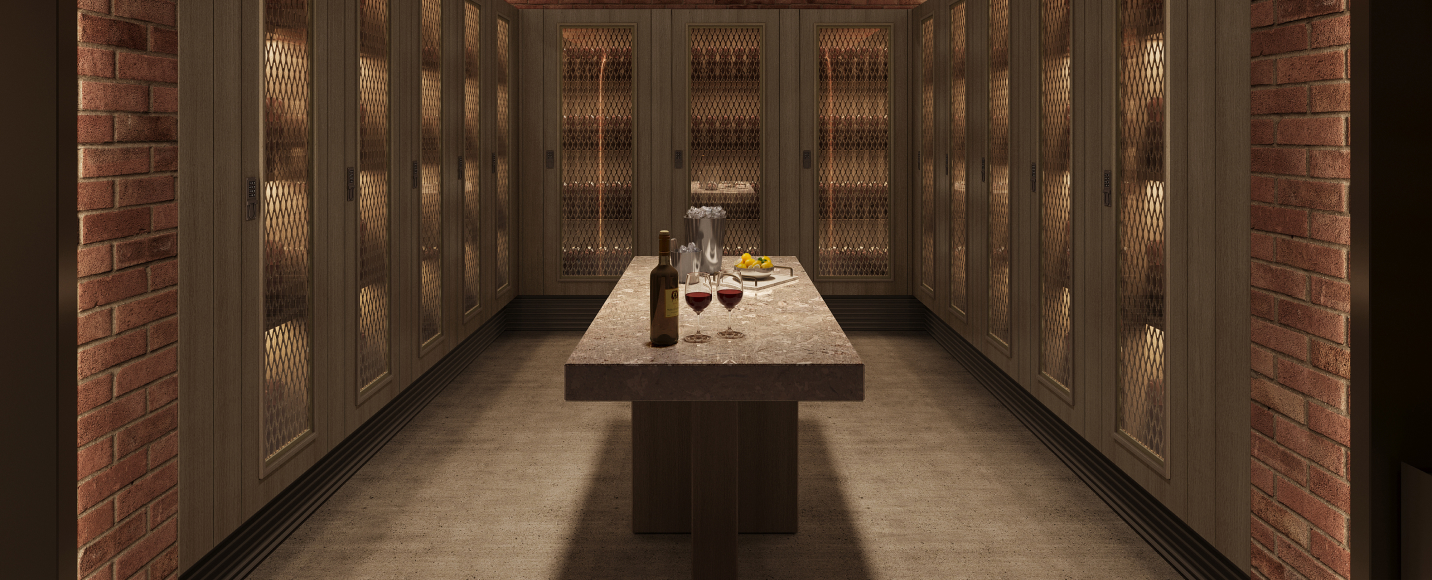 무와 제이드(MUWA JADE) Wine & Dine 프라이빗 다이닝룸, 돔형 천장과 유리 쇼케이스를 갖춘 고급별장 라이프스타일의 프라이빗 다이닝 공간